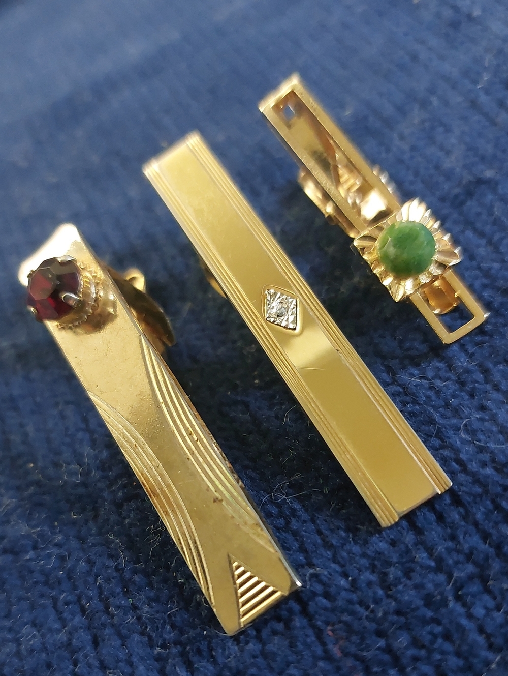 VTG Gemstone Tie Clip Lot of 3 - Art Deco Red Stone, Green Cabachon, Rhinestone